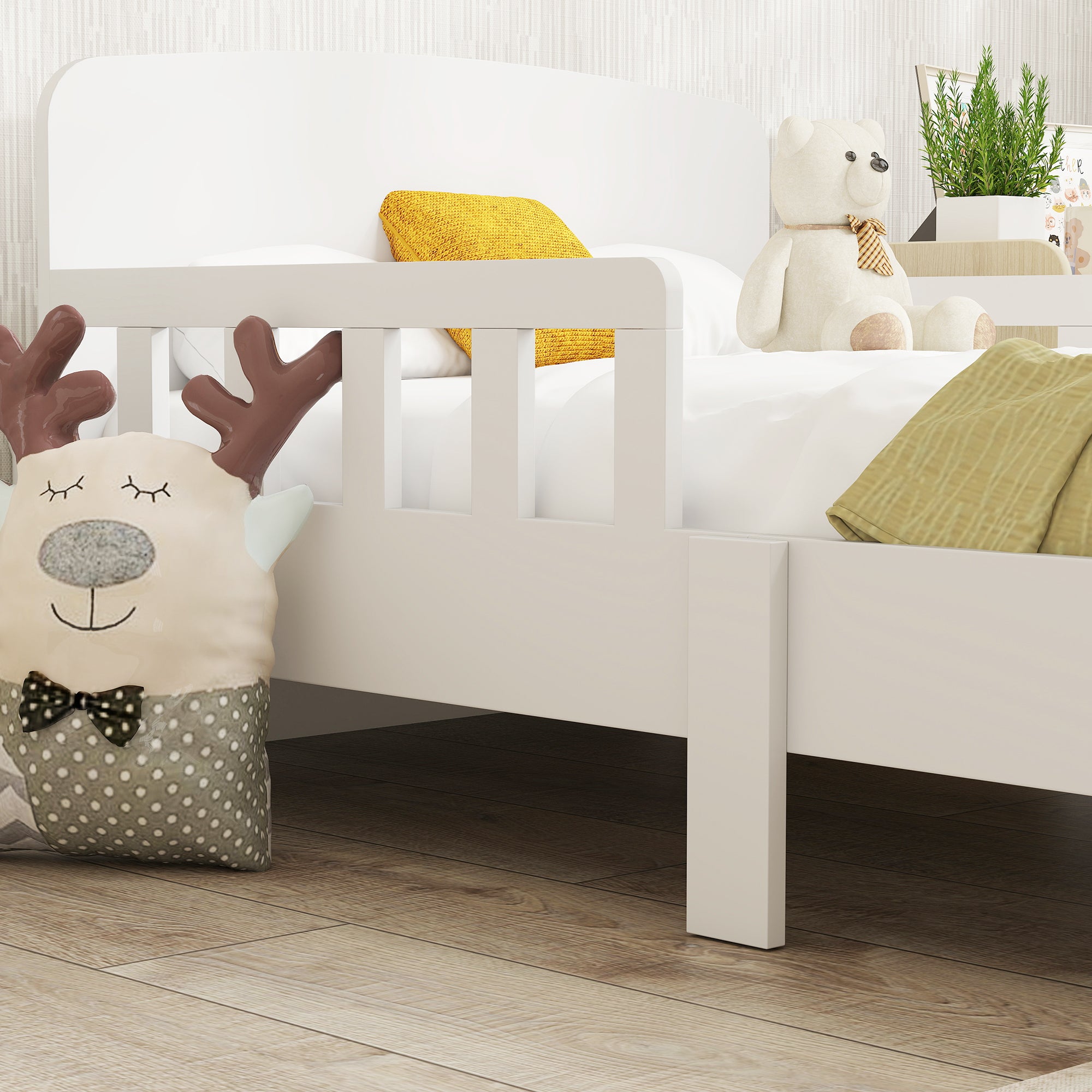 Letto per Bambini 3-8 Anni Basso con Sponde Laterali e Bordi Lisci 143.5x74.2x54 cm in Legno Bianco