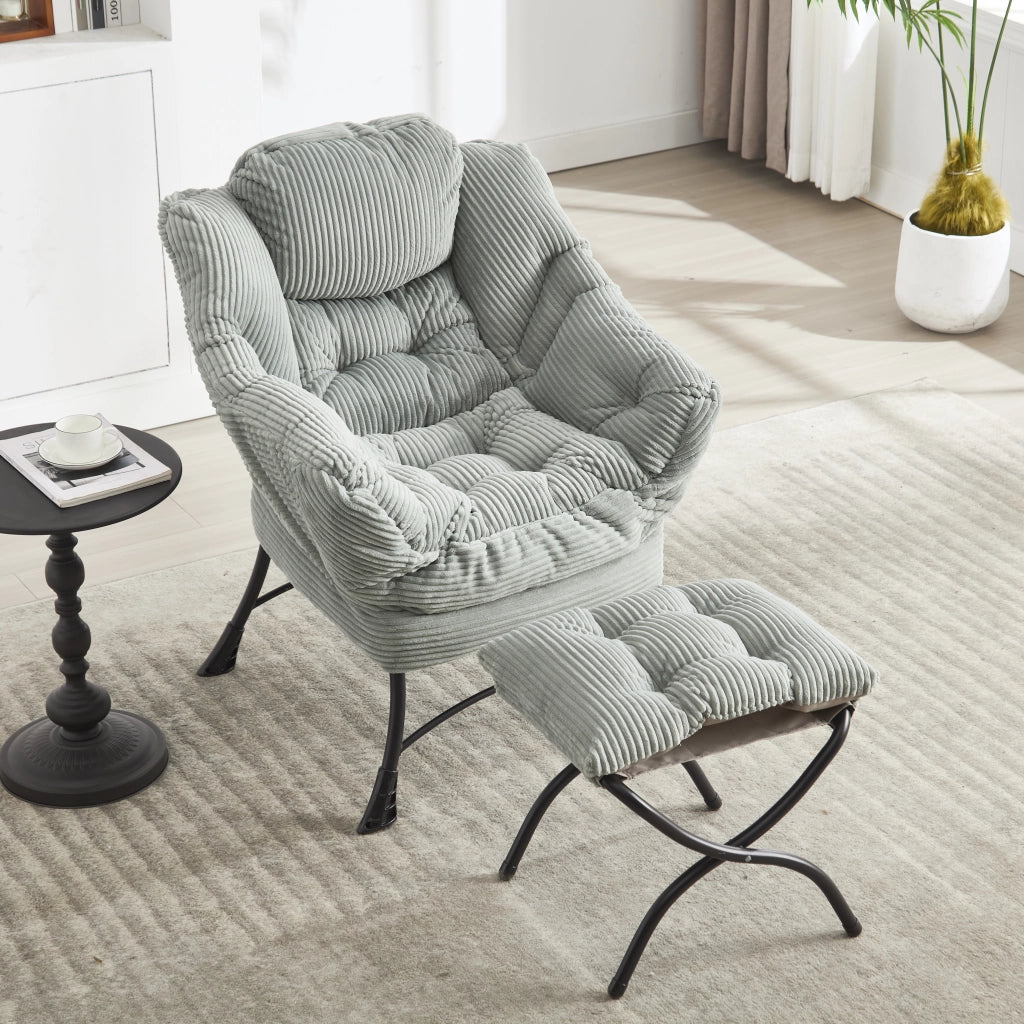 poltrona con pouf e tasca laterale; sedia ergonomica in acciaio; verde chiaro