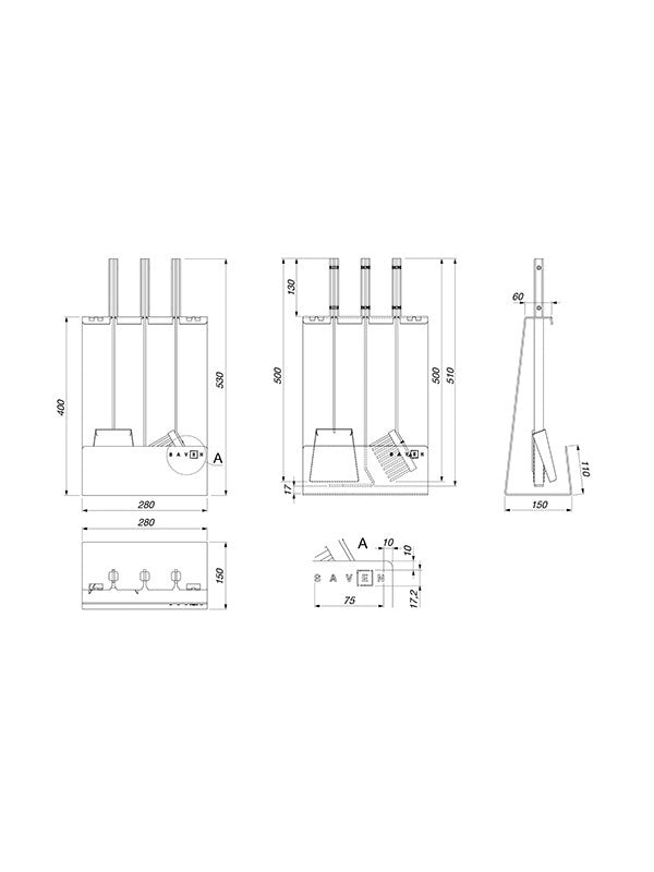 Set attrezzi per camino 3 pezzi in acciaio e legno Nero - Set 4 L