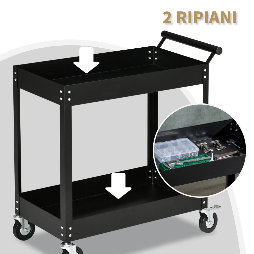 Carrello Porta Attrezzi a 2 Ripiani in Acciaio, 84.5x38x84cm, Nero
