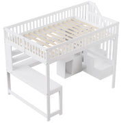 Letto a soppalco 140×200 cm con LED; scala contenitore; ripiani e scrivania; senza materasso; legno; bianco