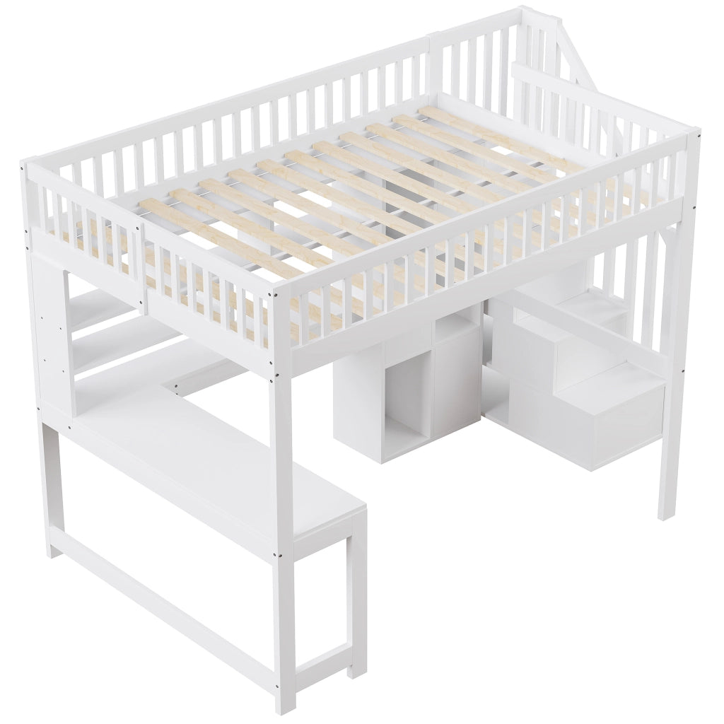 Letto a soppalco 140×200 cm con LED; scala contenitore; ripiani e scrivania; senza materasso; legno; bianco