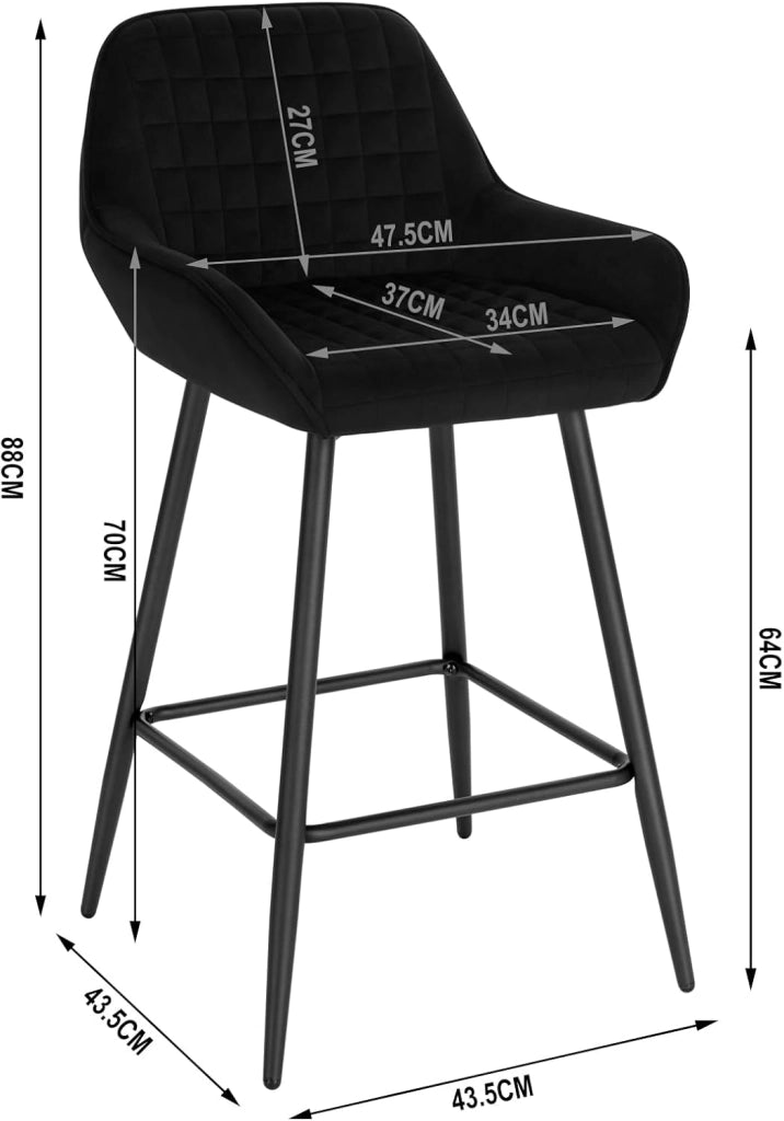 Set di 6 Sgabelli da Bar, Sedie da Cucina, con Schienale & Braccioli, Struttura in Acciaio, Seduta Ampia in Velluto Altezza di 64 cm, Colore Nero BH372sz-6