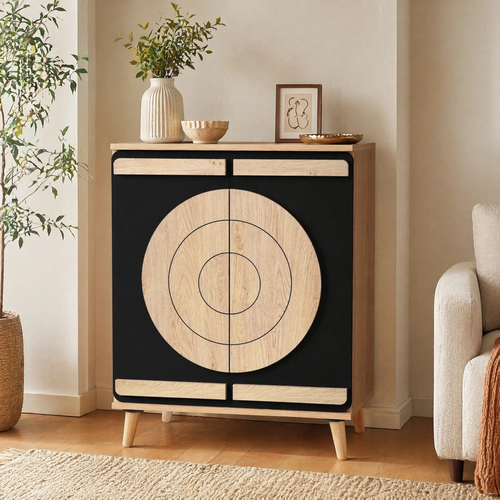 Scarpiera con ante geometriche circolari e ripiani interni mobile per ingresso in MDF nero e naturale