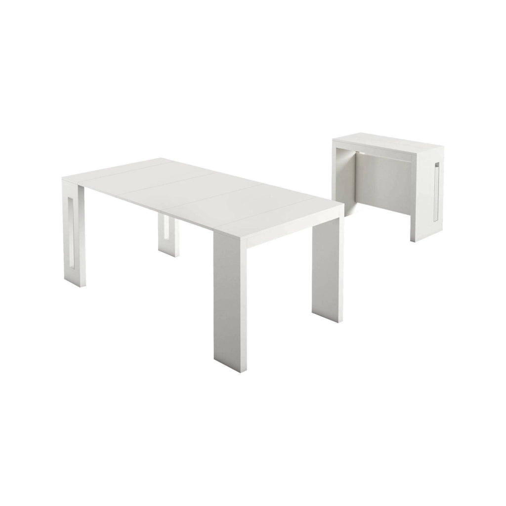 Tavolo allungabile Akam, Tavolo da pranzo estensibile, Consolle multiuso con allunghe, Made in Italy, Cm 186x80h76, Bianco
