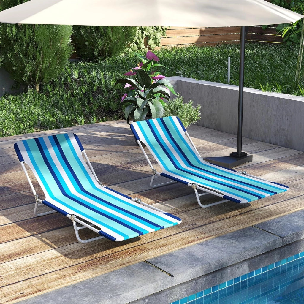 Set di 2 Lettino da Spiaggia Pieghevole, Sedia Reclinabile da Spiaggia a 5 Posizioni con Cinghia, Sedia a Sdraio Portatile da Campeggio Patio, Portata 150 kg (A Righe)