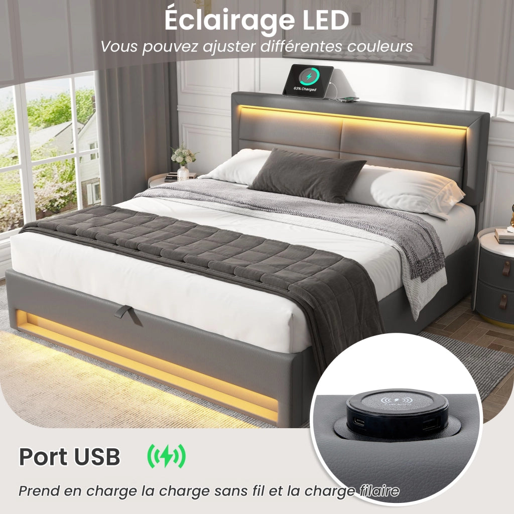 Letto Contenitore 160x200 cm; Letto Matrimoniale con USB; LED e vano; in PU Grigio