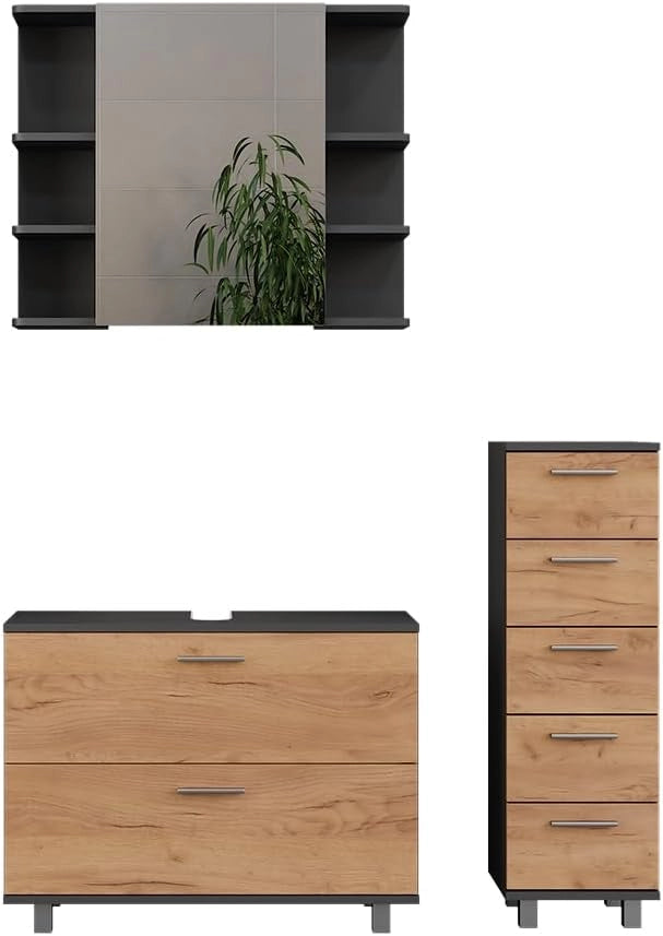Set di mobili da bagno Ilias, Quercia dorata/antracite, 80.2 cm, composto da mobile sottolavabo, specchiera e mobile medio
