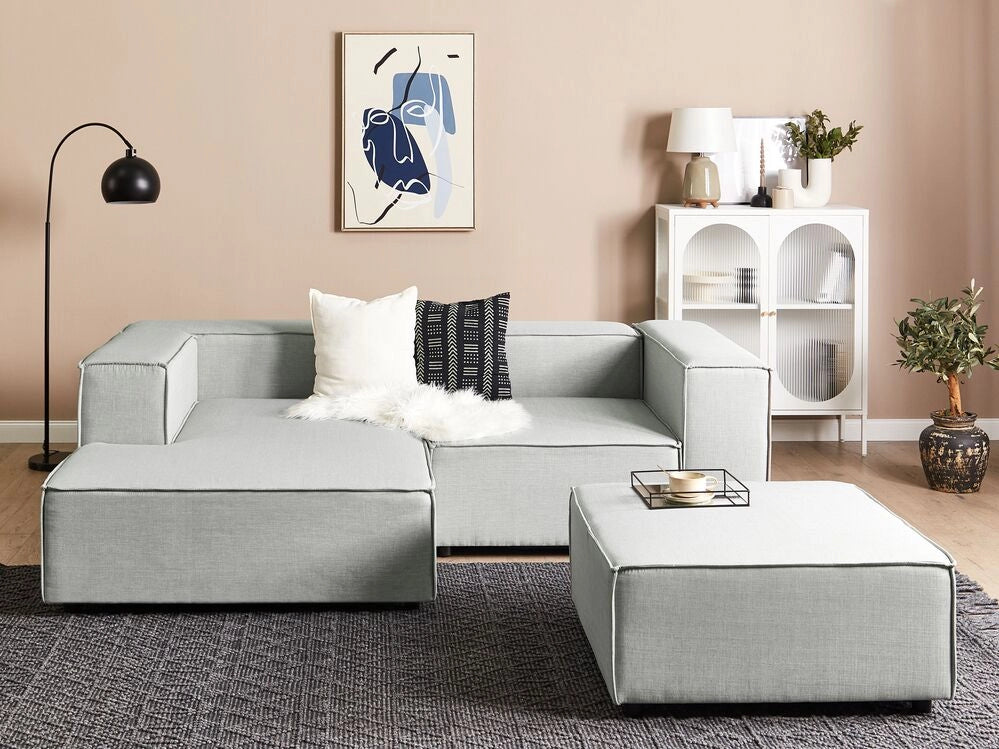 Divano ad angolo 2 posti in lino grigio nero con poggiapiedi destro modulare stile moderno contemporaneo