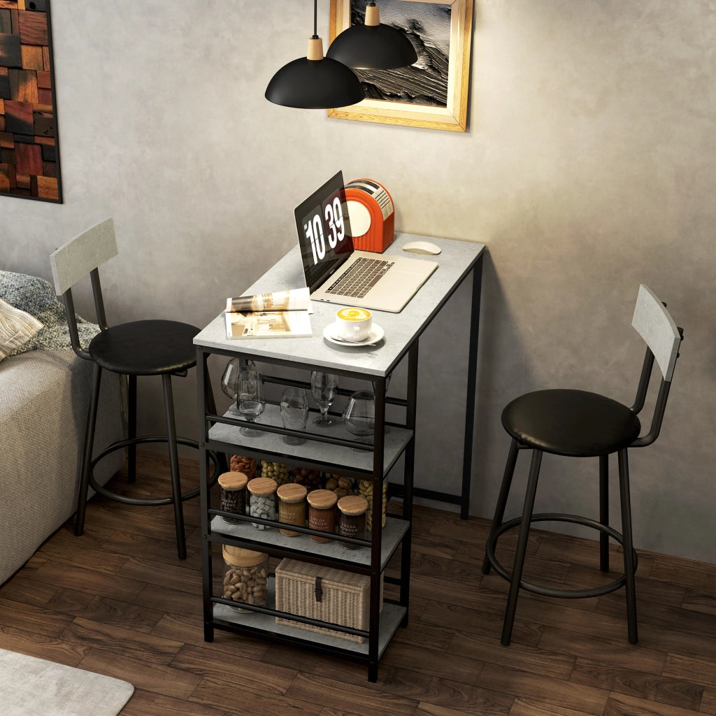 Set da Pranzo 3 Pezzi con Bancone Bar con Ripiani e 2 Sedie Alte con Schienale, Grigio Chiaro