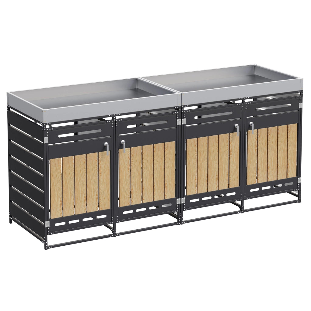 Armadio porta bidoni rifiuti a 4 scomparti con fioriera integrata; 262x79x120 cm; nero