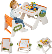 Set Tavolo e Sedia 6 in 1 per Bambini 18+ Mesi, Tavolino Pieghevole con Piano Reversibile, Porta Penne, Cesti Contenitori e Scaffale, Tavolo Salvaspazio per Giochi per Cameretta (Arancione)