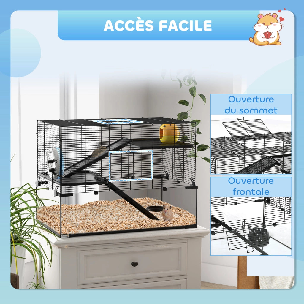 Gabbia per Criceti 3 Livelli con Ruota e Accessori ¨C zephmum ¨C 76.5x48.5x54.5 cm Nero