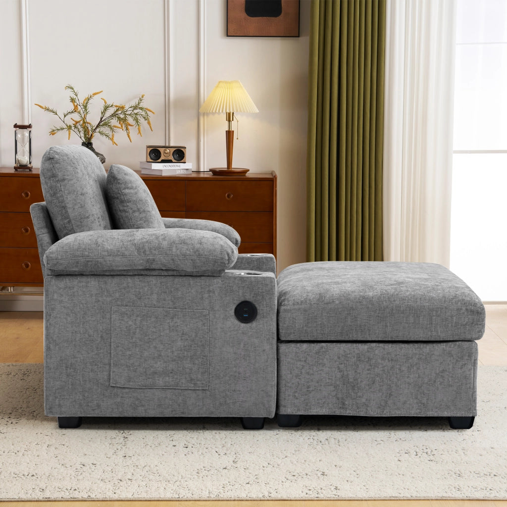 Chaise longue in ciniglia con portabicchieri, vano contenitore nei braccioli e supporto ergonomico grigio
