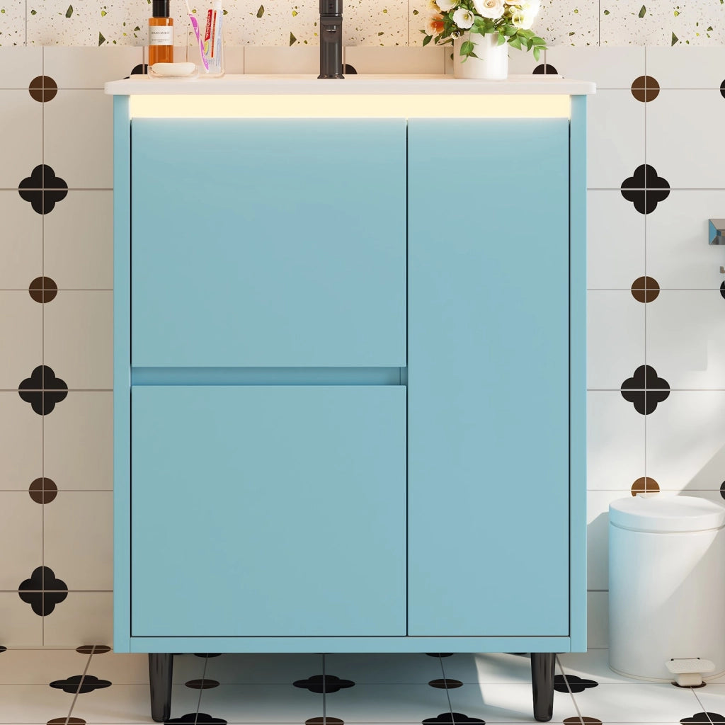 Mobile lavabo bagno freestanding blu 61 x 46,5 x 87 cm con lavandino in ceramica integrato, 2 cassetti e anta a chiusura rallentata
