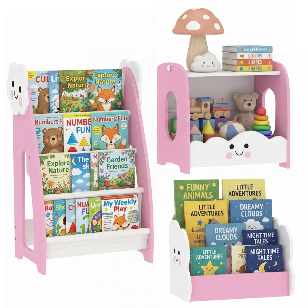 Libreria e contenitore per bambini 3-8 anni, scaffale per giocattoli rosa modulare con 4 ripiani e portariviste, pratico, per cameretta