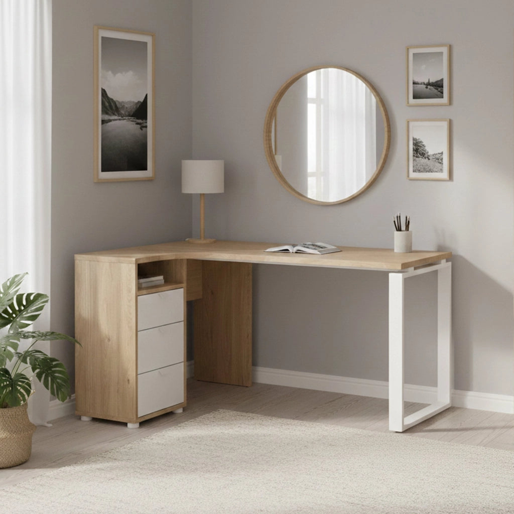 Scrivania Medard, Scrittoio multiuso, Tavolo per ufficio porta PC, Piano di lavoro, 150x100 h76 cm, Rovere e Bianco