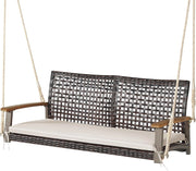 Panca Sospesa in Rattan per 2 Persone - Altalena da Giardino Con Ringhiera in Legno di Acacia - Fino a 360 kg (Cuscino Bianco Incluso)