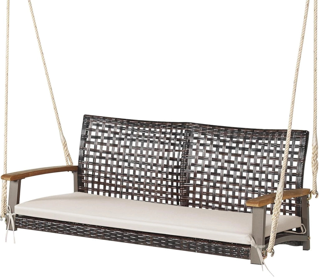Panca Sospesa in Rattan per 2 Persone - Altalena da Giardino Con Ringhiera in Legno di Acacia - Fino a 360 kg (Cuscino Bianco Incluso)