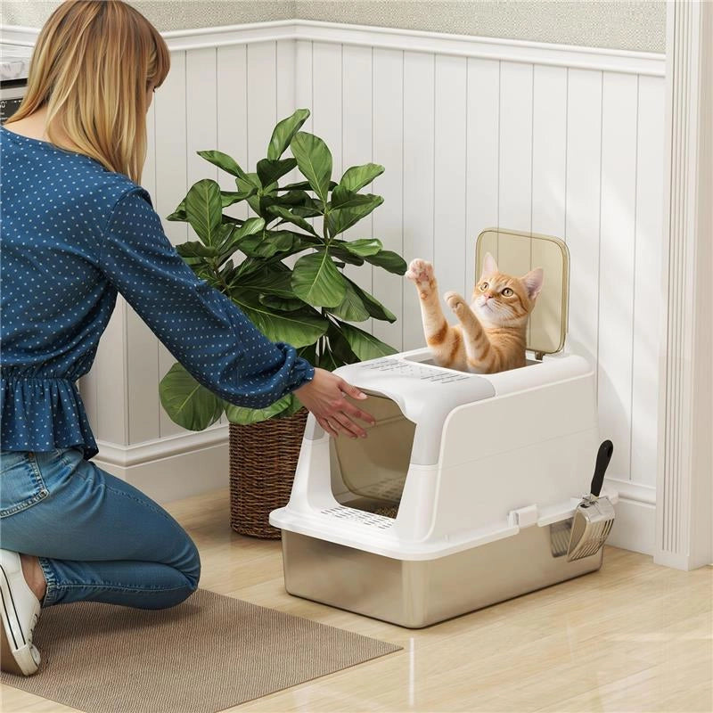 LETTIERA PER GATTI CHIUSA A 2 INGRESSI CON DEODORANTE E PALETTA, 60.4X40.4X41.8 CM, BIANCO E GRIGIO