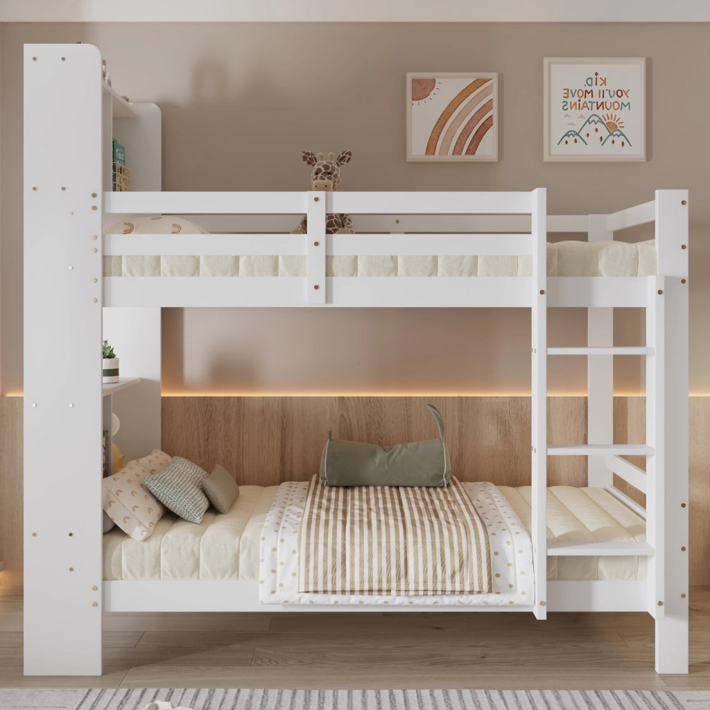 Letto a castello con ripiani e scala dritta a 3 gradini; bianco; 90x200 cm