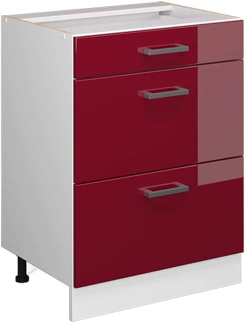 Mobiletto base per cucina R-Line, Rosso lucido, 60 cm con cassetti, senza piano di lavoro, per la libera combinazione all'interno di sistemi cucina modulari