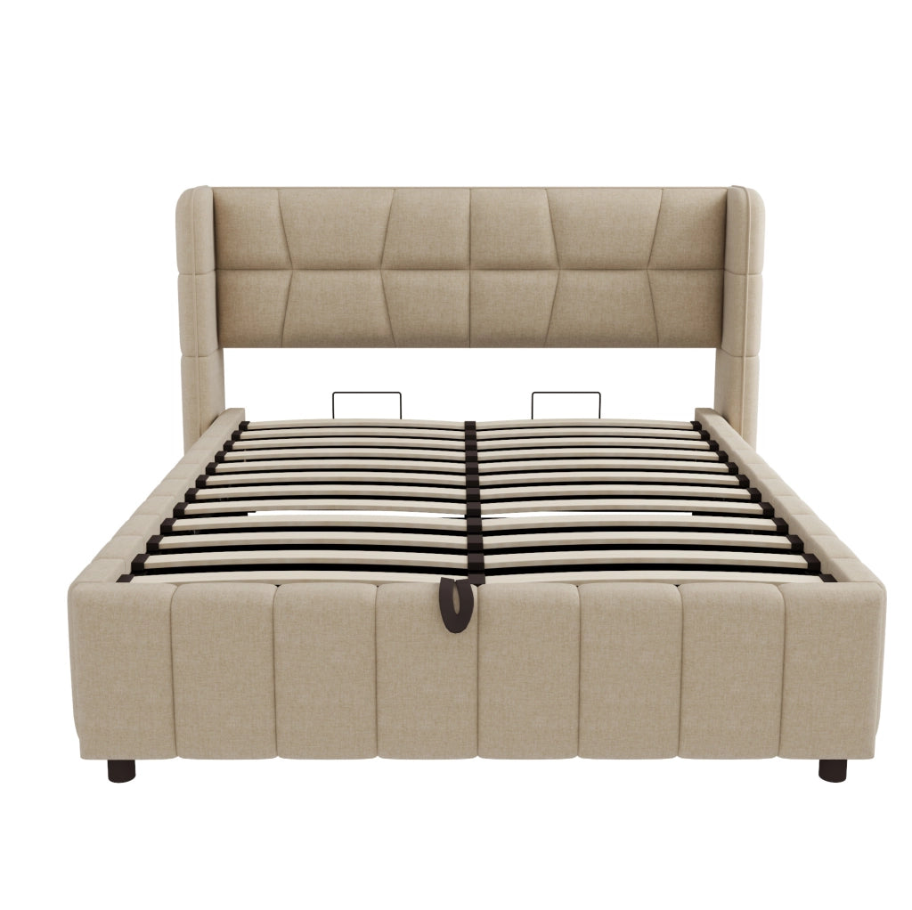 Letto imbottito 140x200 cm con contenitore e rete a doghe; in tessuto beige