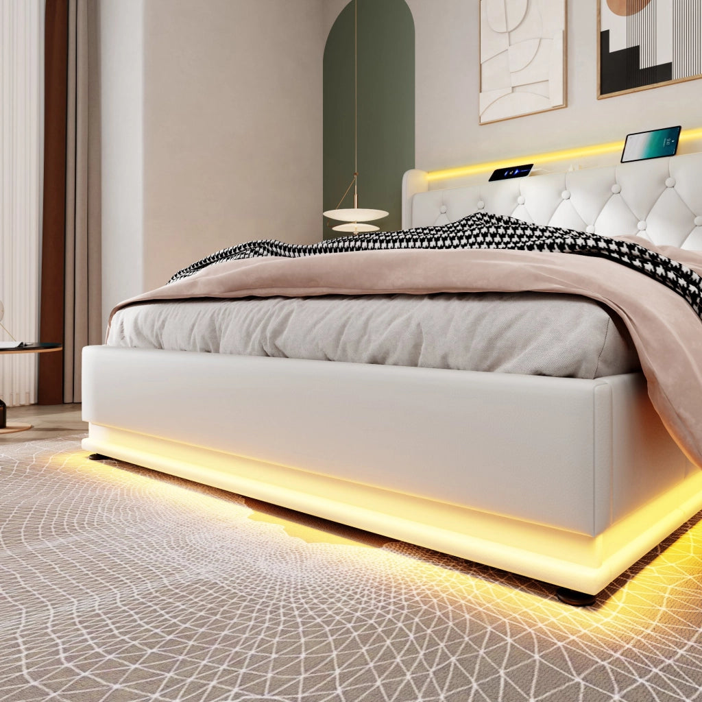 Letto imbottito idraulico con LED USB 140x190 cm colore PU bianco