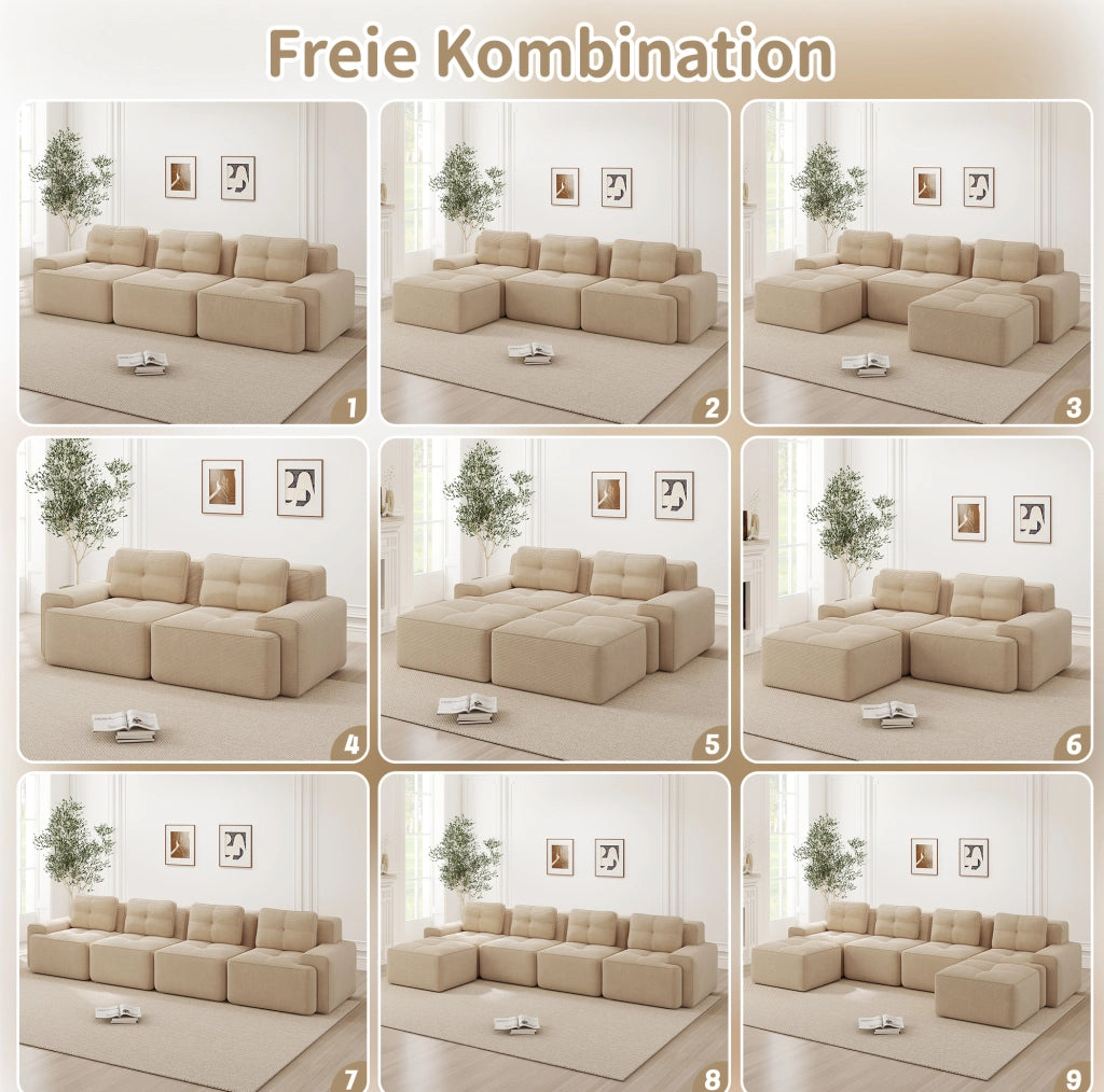 Divano modulare a L Cloud 3 posti in velluto beige con pouf, senza montaggio