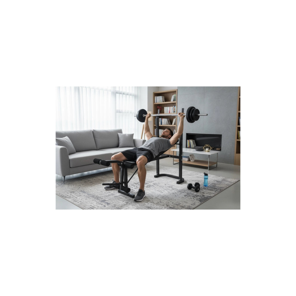 Banc de musculation avec barre + poids 20 Kg inclus - O'Fitness - Idéal pour une activité physique à la maison
