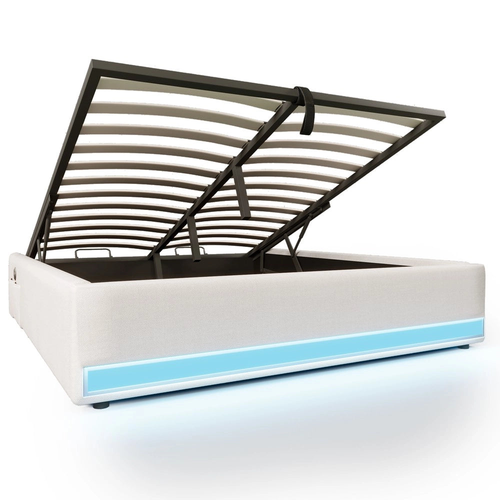 Letto Contenitore Imbottito con LED ¨C MINIMAL ¨C 140x200, USB, Beige, Idraulico, Senza Testiera