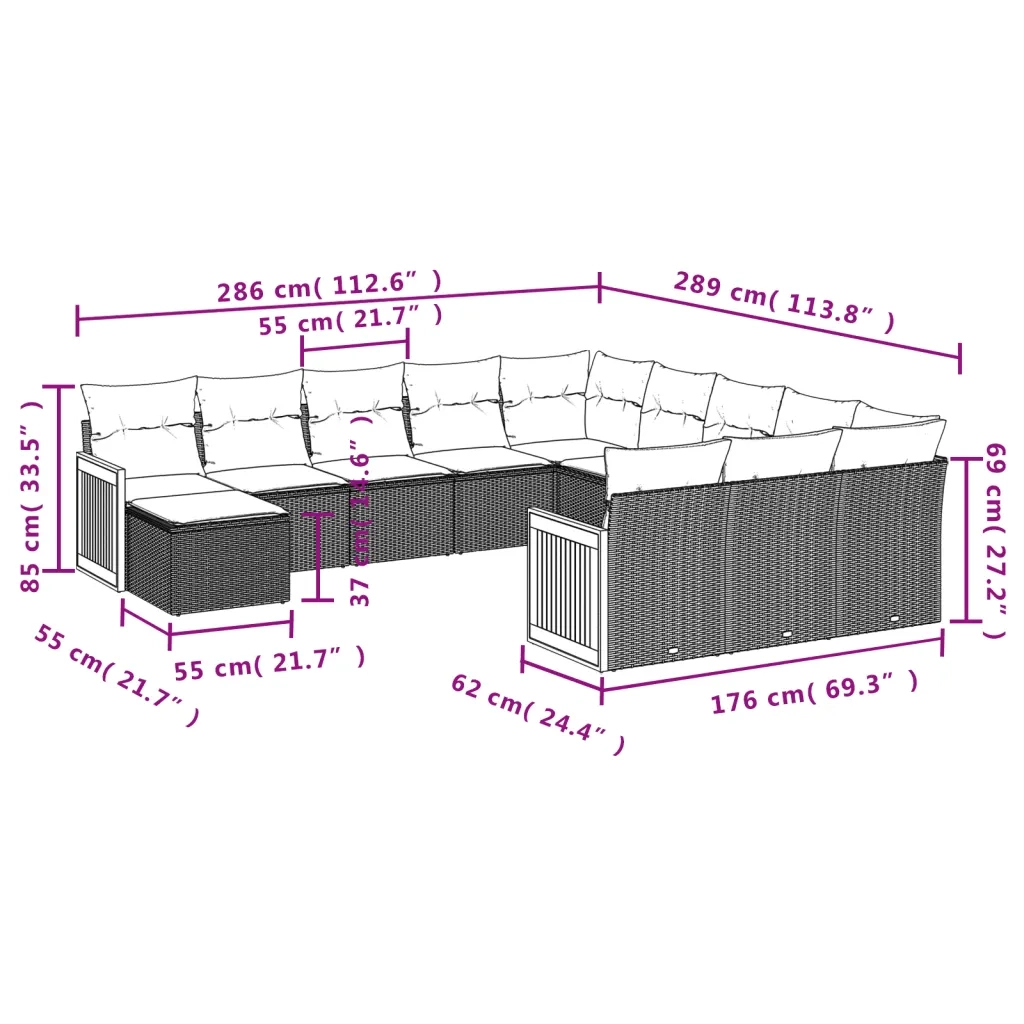 Set Divani da Giardino 12 pz con Cuscini Grigio in Polyrattan 3260667