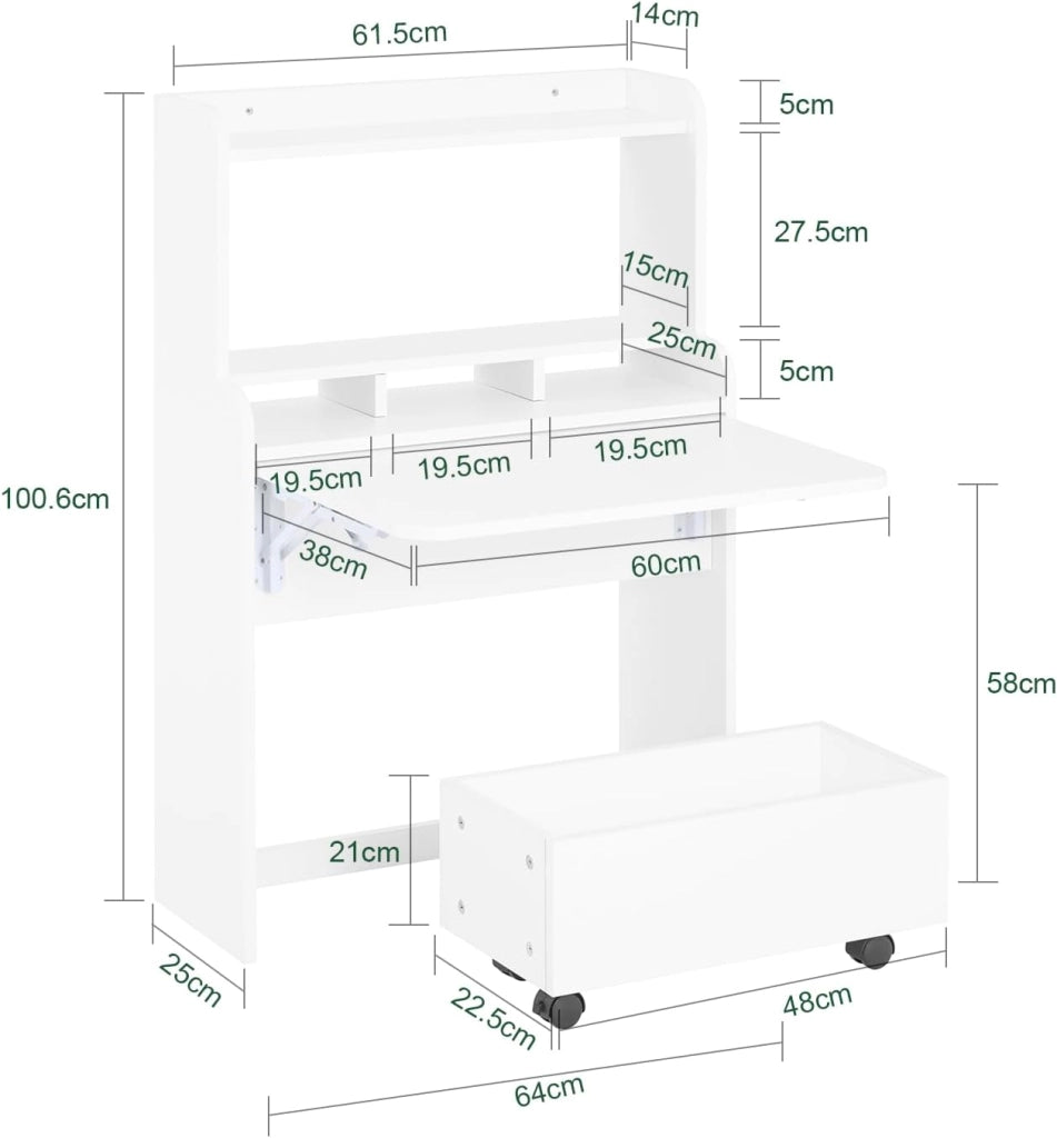 Scrivania Pieghevole a Muro Scrivania Salvaspazio Richiudibile con Scatola Portaoggetti con Ruote Tavolo Pieghevole Bianco 64x63x100,6 cm FWT105-II-W