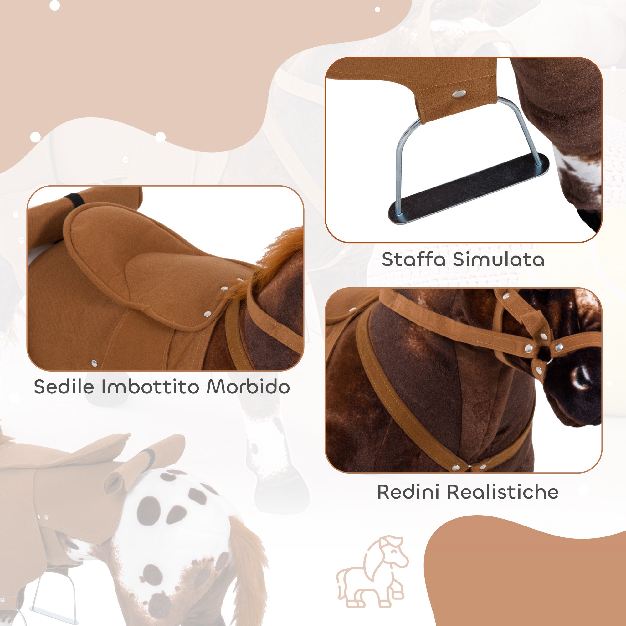 Cavallo a Dondolo per Bambini Realistico 85x28x60 cm in Peluche e Metallo Marrone