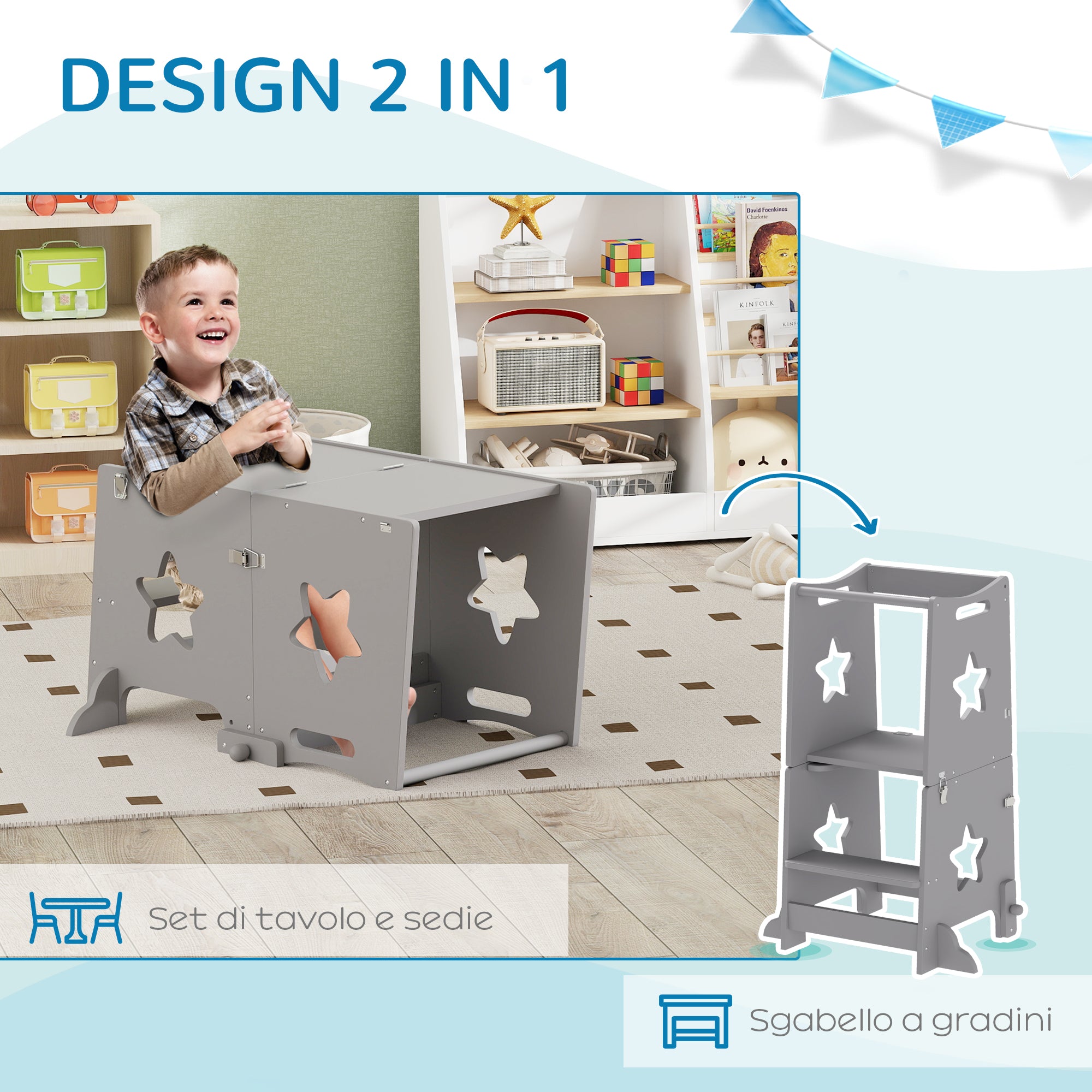 Scala Montessori Convertibile  60x44.5x86 cm in Set Tavolo e Sedie con Barra di Sicurezza in Legno Grigio