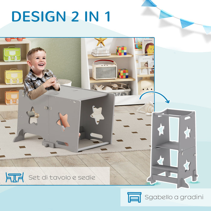 Scala Montessori Convertibile  60x44.5x86 cm in Set Tavolo e Sedie con Barra di Sicurezza in Legno Grigio