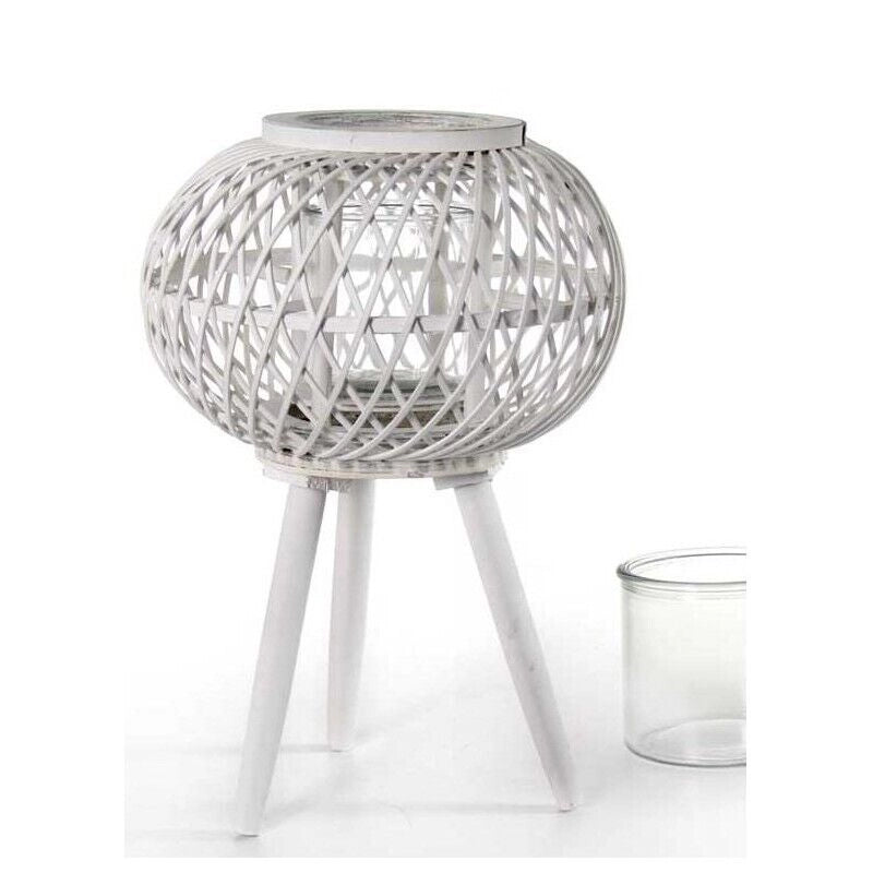 LANTERNA TONDA PORTACANDELA IN LEGNO VETRO E BAMBU 17X64 CM BIANCA CON PIEDINI