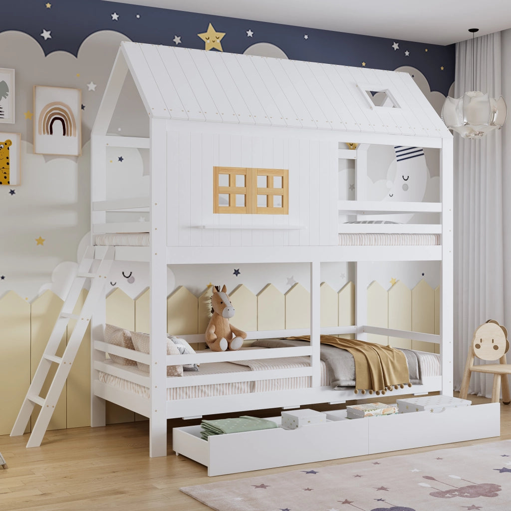 Letto a Castello 90x200 cm - con 2 Cassetti; Finestre e Tetto - Bianco Naturale