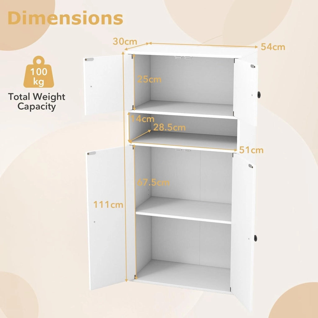 Libreria Verticale a 3 Ripiani, Libreria Chiusa con Ante e Ripiano Aperto, Mobile Soggiorno con Ripiano Regolabile a 5 Livelli, per Studio, Camera da Letto, Bagno, 54 x 30 x 111 cm (Bianco)