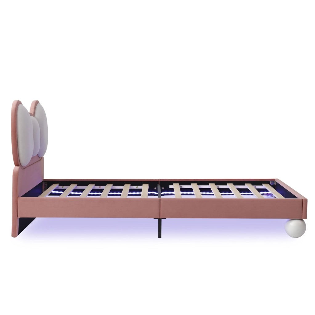 Letto singolo imbottito per bambini 90x200 cm con testiera a fiocco e luce LED