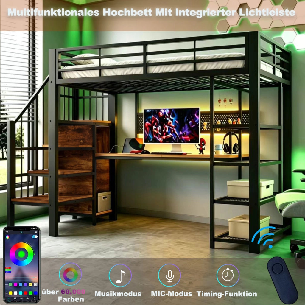 Letto a soppalco 90 × 200 cm 1 posto con scrivania, mensole, LED, prese e contenitore, senza materasso, nero