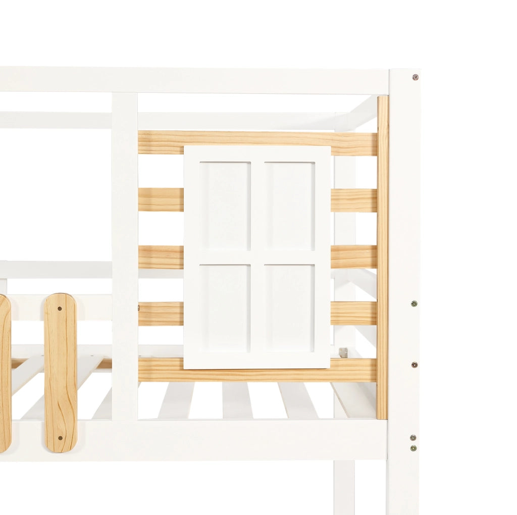 Letto a castello 90x200 cm con scala e vani portaoggetti in legno e MDF bianco naturale