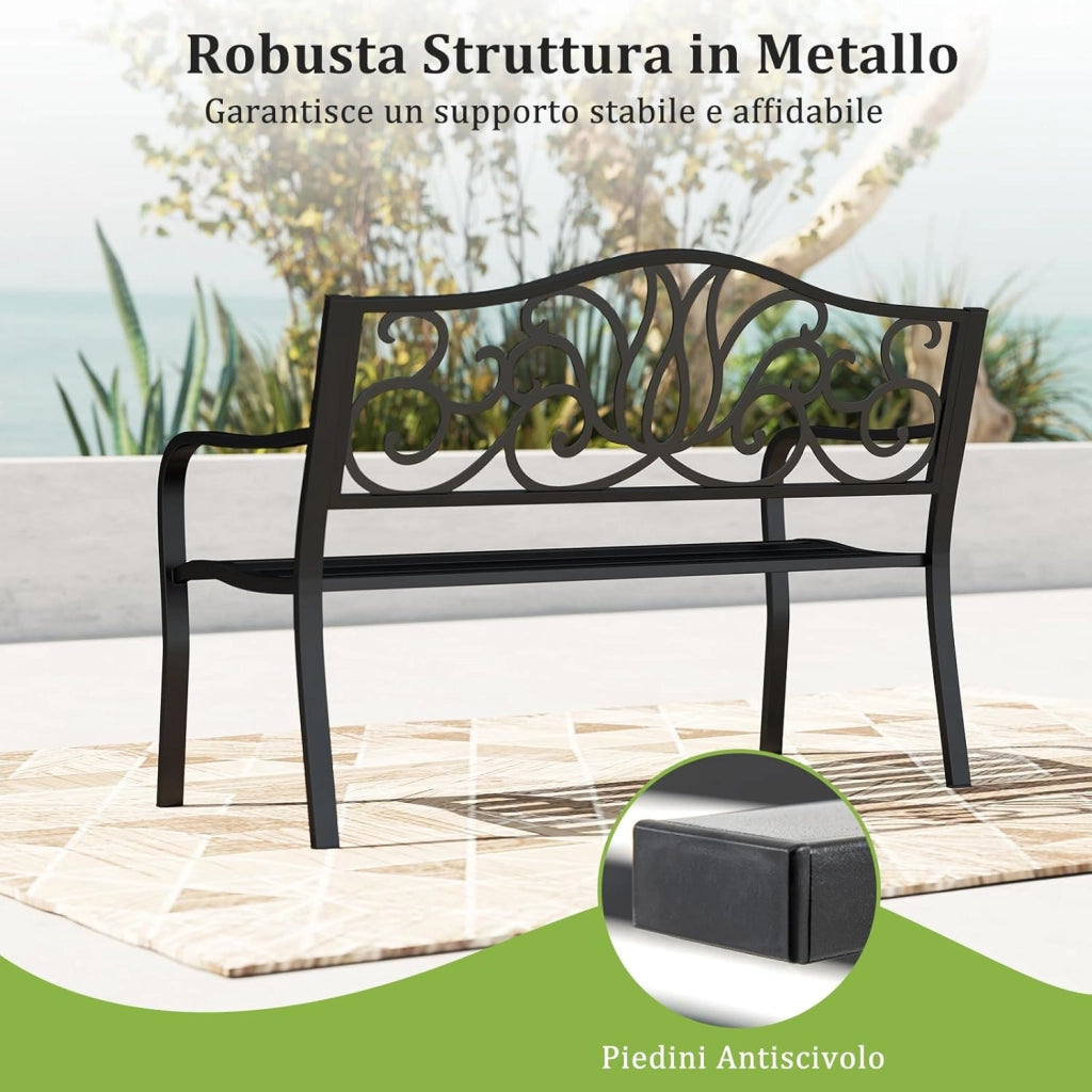 Panchina da Giardino 2-3 Posti, Panca in Metallo con Schienale Decorato a Motivo Floreale e Seduta a Doghe, Portata 300 kg, Panca per Veranda con Braccioli per Patio, Cortile e Prato
