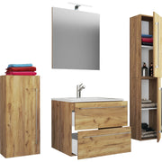 Completo Set bagno 5 pz Mobile sosp 2 casetti con Lavabo large in ceramica incl 1 Colonna 1 mobile sosp e specchio, Rovere