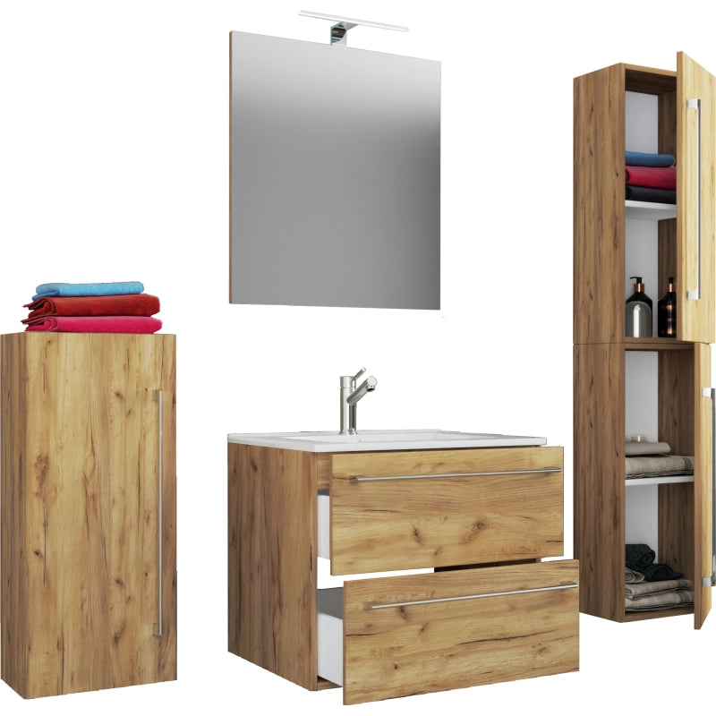 Completo Set bagno 5 pz Mobile sosp 2 casetti con Lavabo large in ceramica incl 1 Colonna 1 mobile sosp e specchio, Rovere