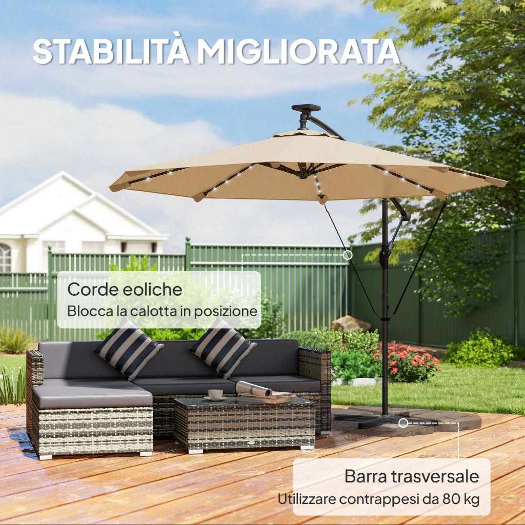Ombrellone da Giardino Decentrato 330x295x245 cm con LED Solari in Metallo e Poliestere Cachi