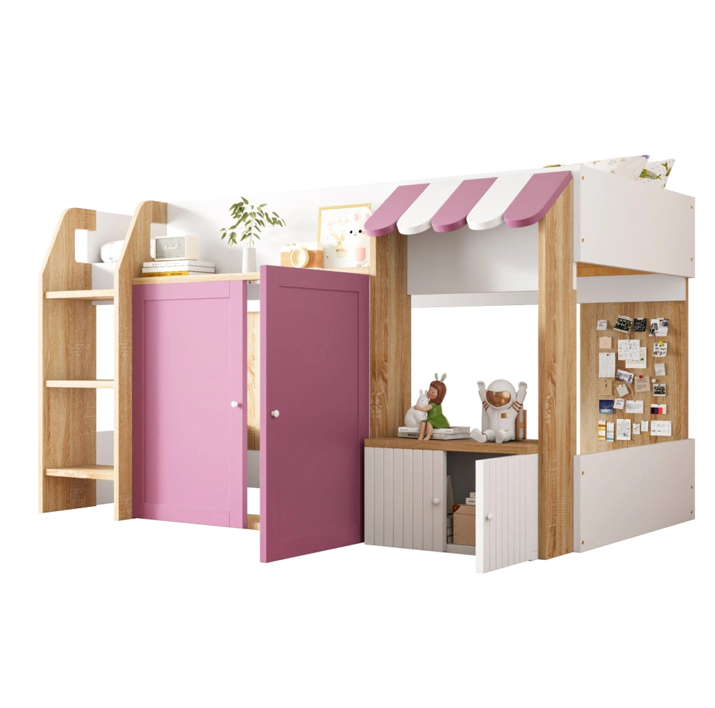 Letto a soppalco 90x200 cm con scala e vano contenitore in legno bianco e rosa