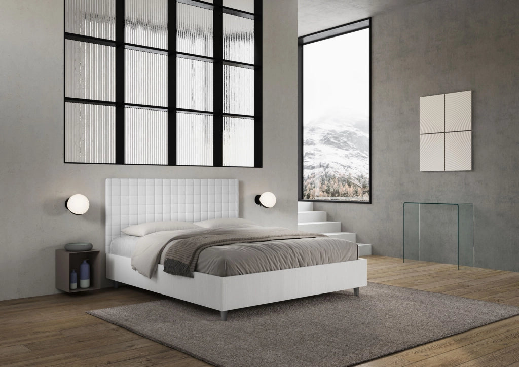 BS COM Letto matrimoniale con rete 160x190 bianco frassino testata similpelle bianco