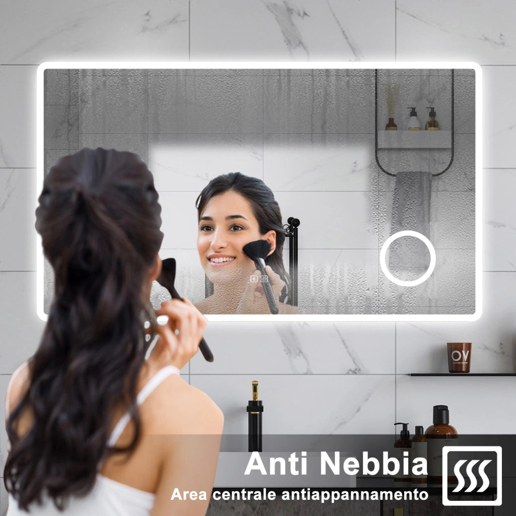 AICA Specchio da bagno  120 x 70 cm, dimmerabile, Blue tooth, Funzione Memoria, antiappannamento, 3 colori, Magnificatore