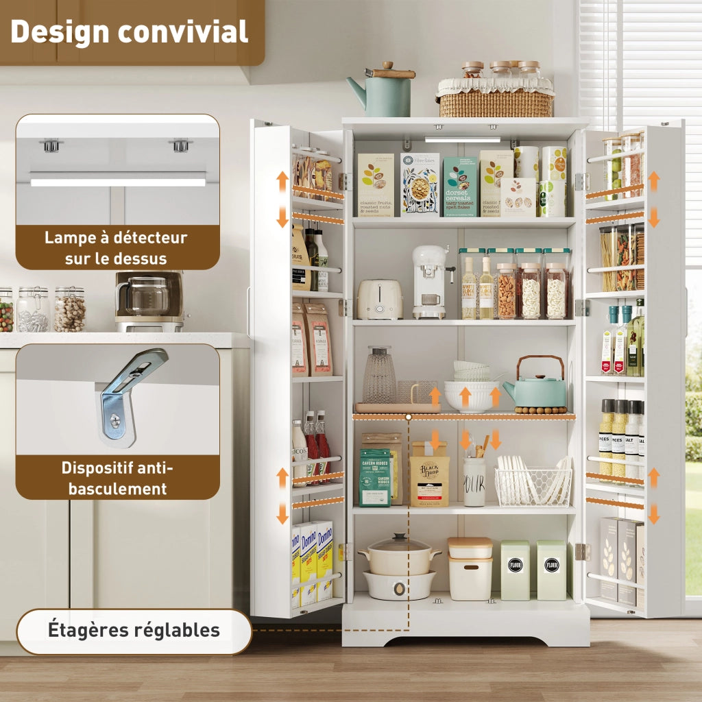 Colonna da cucina con LED; 5 livelli di stoccaggio; 2 ante e ripiani regolabili; per cucina; bianco; 60 × 35 × 128 cm
